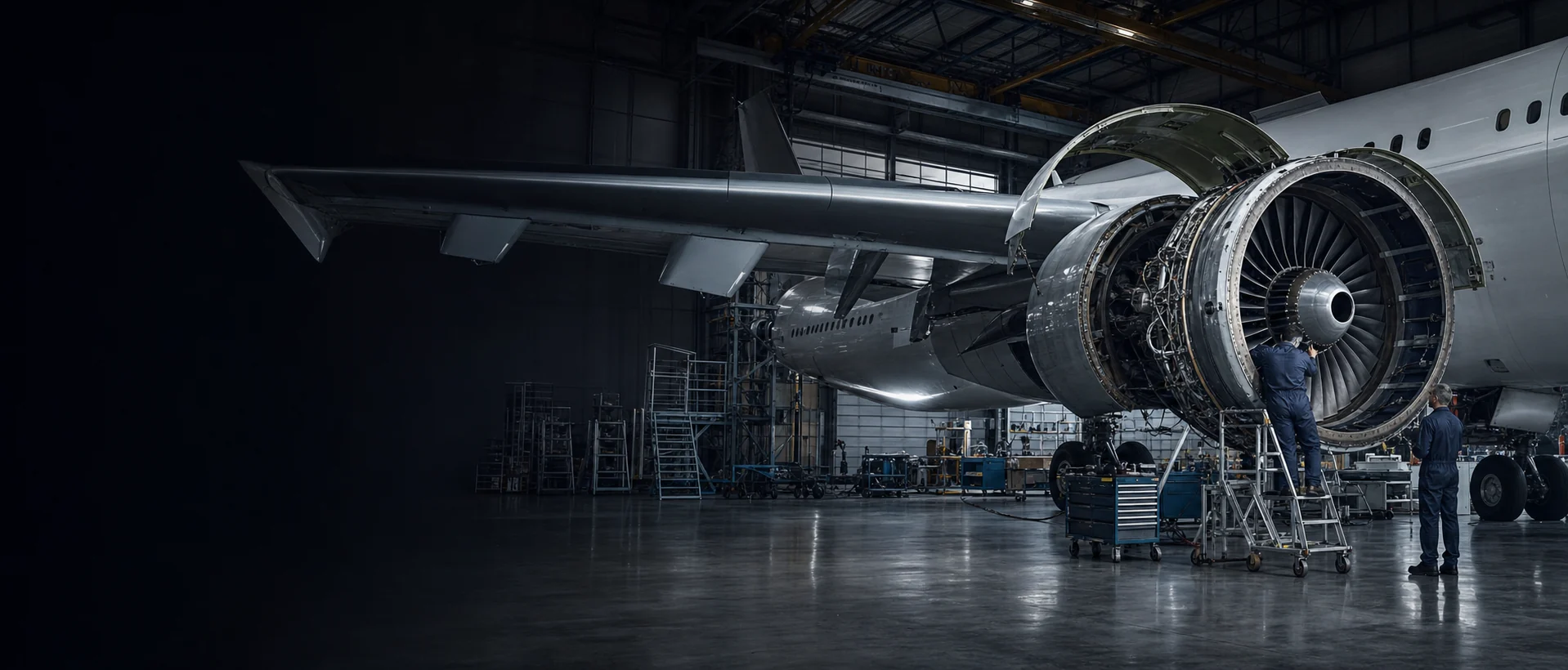 Aircraft engine undergoing detailed maintenance in an engineering hangar