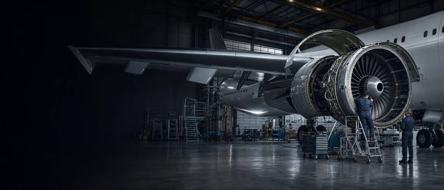 Aircraft engine undergoing detailed maintenance in an engineering hangar