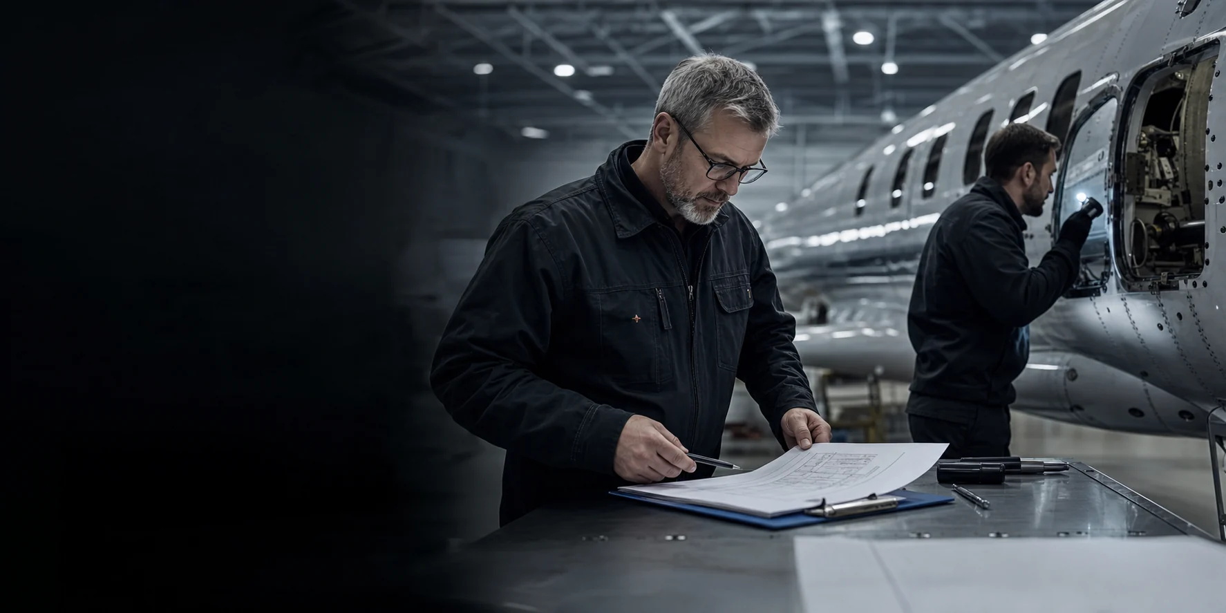 Aviation specialists carrying out an aircraft compliance inspection