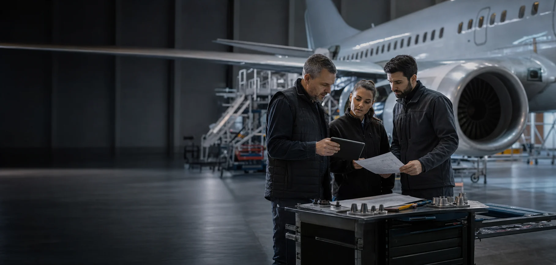 Aviation engineering team coordinating a maintenance programme beside an aircraft