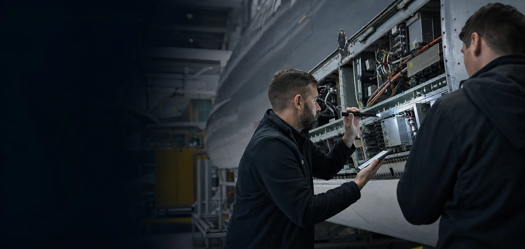 Aviation engineers inspecting an aircraft avionics bay during a modification programme